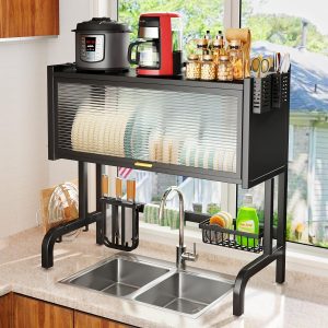 Over The Sink Dish Drying Rack - Large Dish Drying Rack with Flip Door, Stainless Steel Dish Drainer Kitchen Sink Organizer (Black, 25.6)