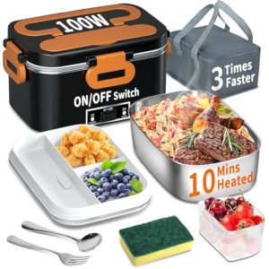 SOOOEC Electric Heated Lunch Box 100W - 3-in-1 1.8L Super Fast Portable Lunch Boxes Food Heater for Adults,12V/24V/110-220V Heating Lunch Box for Car Truck Office Home (Orange&Black)